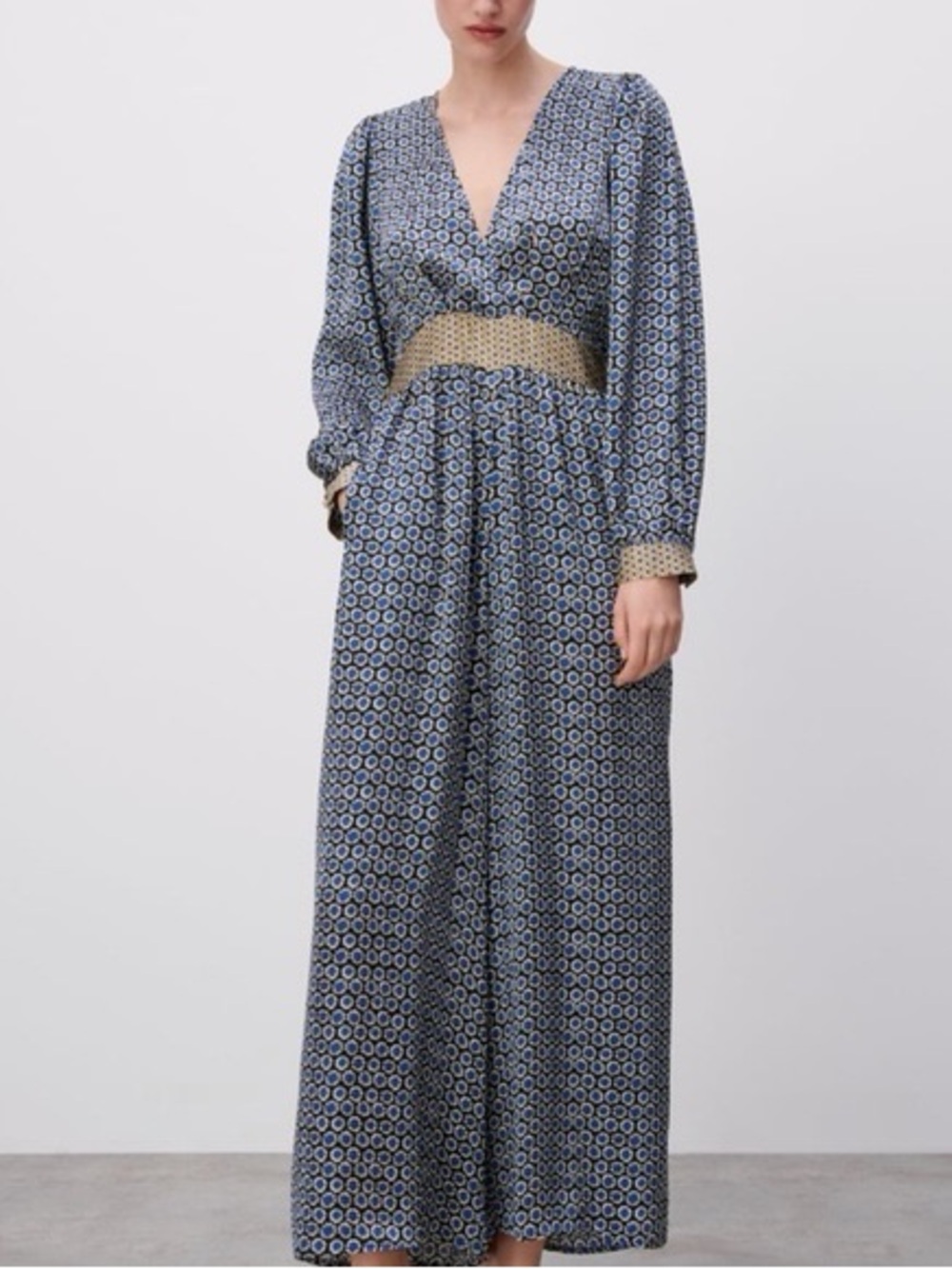 Zara Blue Geometric Printed V‑Neck Jumpsuit with Gold Waist Detail